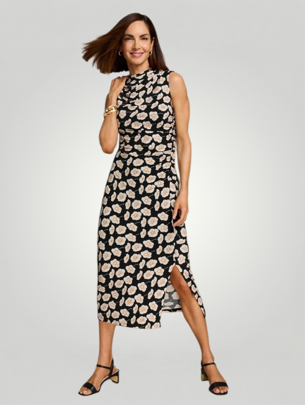 Talbots Women's 14 Black Floral Ruched Mock Neck Midi Dress Stretch Side Slit